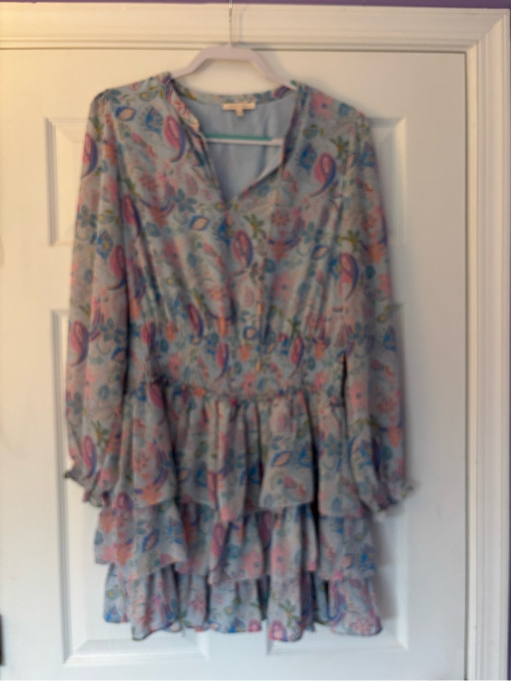 Skies Are Blue Pastel Paisley Tiered Long-Sleeve Dress